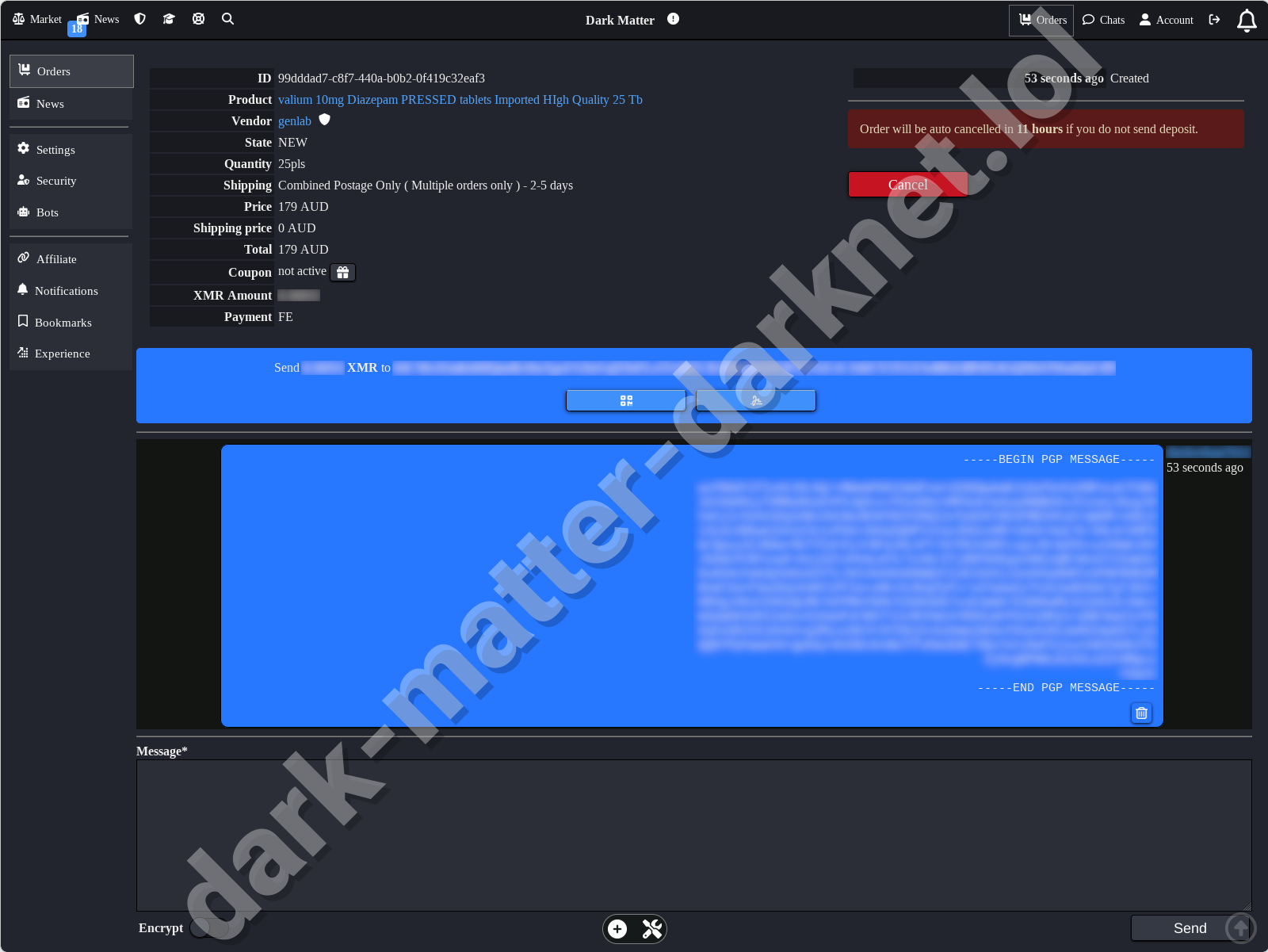 Dark Matter Darknet Market order placement page